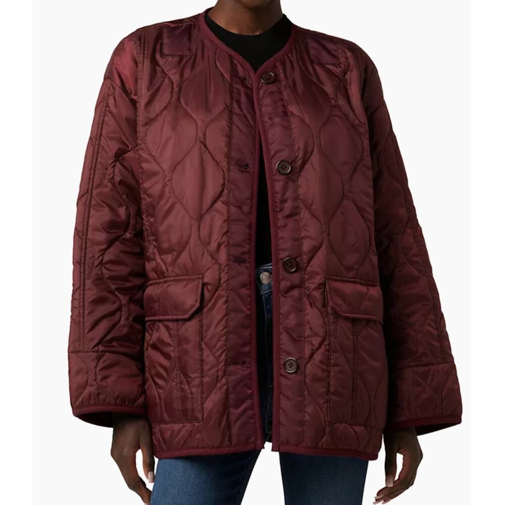 Hudson Jeans NEW Oversized Collarless Quilted Jacket Womens Small Merlot Maroon